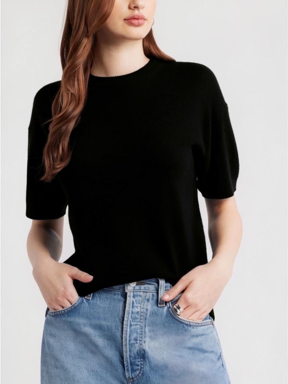 Nordstrom 100% Cashmere Black Short Sleeve Sweater Quiet Luxury